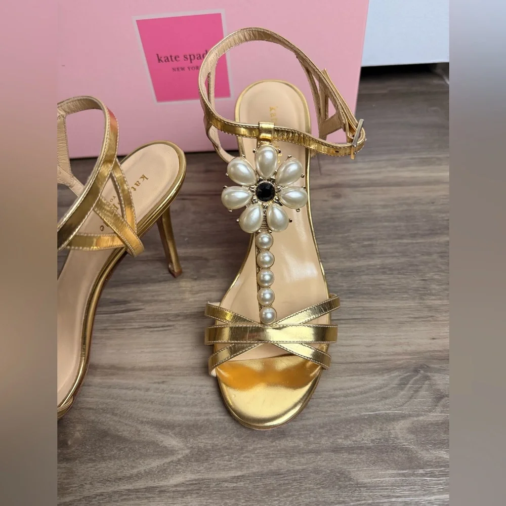 RARE Kate Spade Made In Italy Gold Pearl‎ Floral Heels 8.5B Stiletto